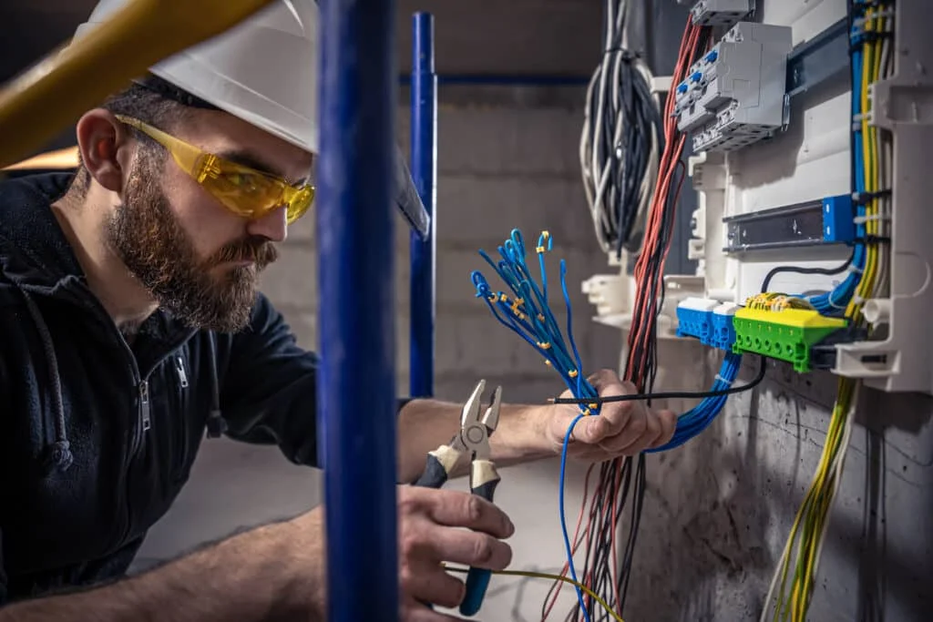 Home inspectors Huntsville Alabama, a man with a helmet inspecting wires for house safety